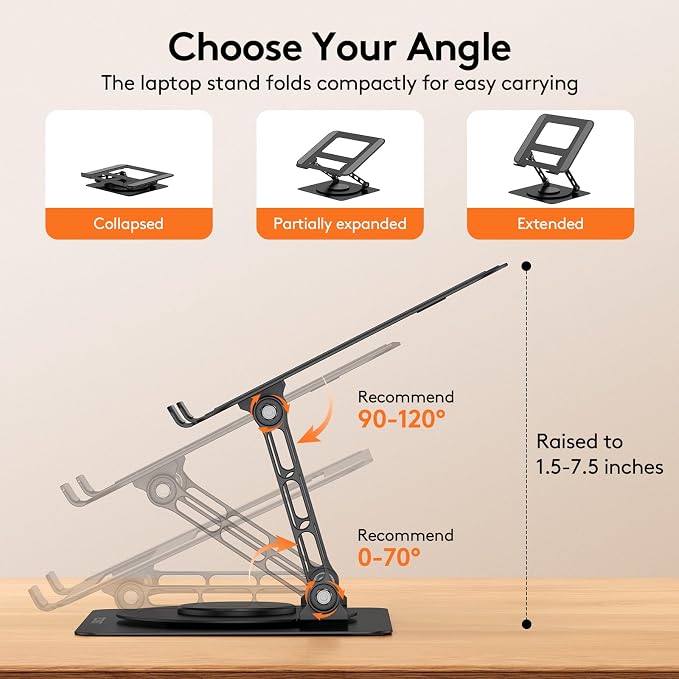 TECKNET Laptop Stand for Desk, 360° Rotating Laptop Stand for 10-17" Laptop | Ergonomic Foldable Height Adjustable Computer Riser for Office, Home, Remote Work Compatible with MacBook, HP Laptops, Black - Image 7