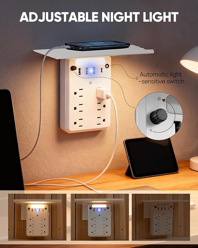 Saker Outlet Extender with Night Light, 6 AC, 4 USB, Surge Protector | 6 AC Outlets + 4 USB Ports, Built-In Night Light, Surge Protection, Convenient Outlet Shelf, 1 USB-C Fast Charging Port - Image 4