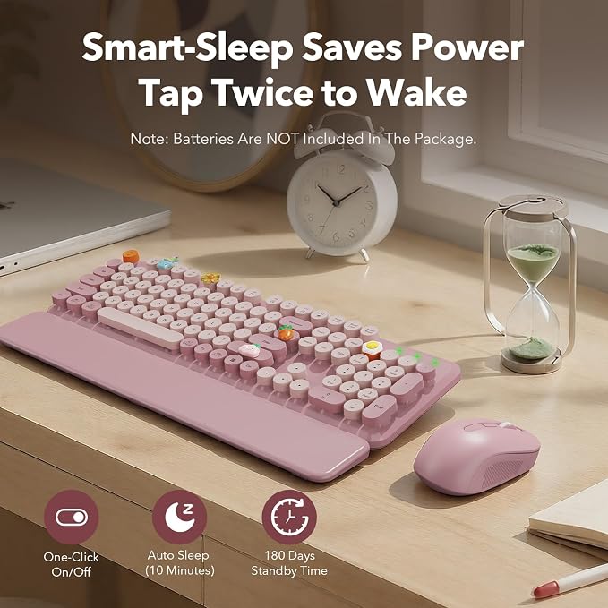 Wireless Keyboard and Mouse Combo, Full-Size Typewriter-Style Keyboard with Round Keycaps, Magnetic Wrist Rest, Tilt Legs, 2.4GHz Cordless for Mac, Windows PC, Laptop, SABLUTE CK23, Dusty Rose | Full-Size Retro Typewriter-Style Keyboard, Tilt Legs, Aut... - Image 5