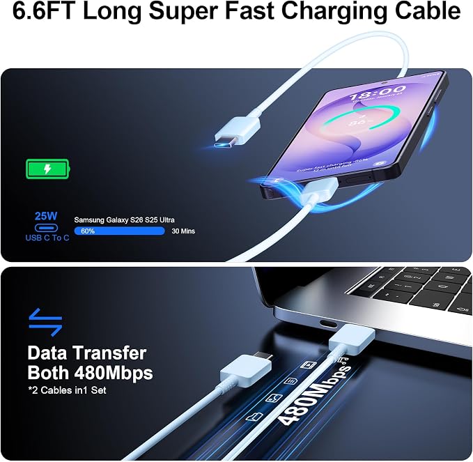 Super Fast Charger Type C, 25W USB C Wall Charger Fast Charging for Samsung Galaxy S26 Ultra/S26/S26+/S25 Ultra/S25/24 Ultra/S24/S23 Ultra/S22 Ultra with 6.6FT Long Android Type C Charger Cable 2Pack - Image 5
