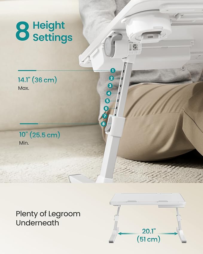 SONGMICS Bed Laptop Desk, Foldable Bed Desk for Laptop, 15.7 x 22 Inches Large Desktop, 120° Stepless Tilt, Adjustable Height, Cup Holder, Tray, Portable Sofa Table, White ULLD113WB01 - Image 6