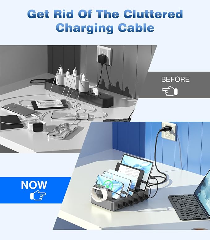 50W Fast Charging Station, 6 Port Charging Station for Multiple Devices | Compatible with iPhone,iPad, Tablet,Kindle ect,with 6 Short Cables and Apple Watch Holder（Space Gray） - Image 5