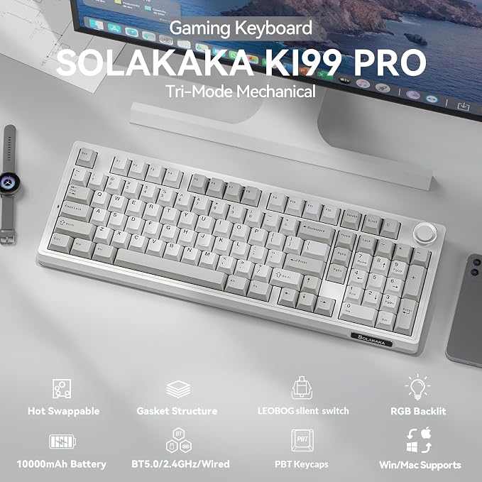 SOLAKAKA KI99 Pro 96% Wireless Mechanical Keyboard, RGB Gaming Keyboard, Hot-Swappable Pre-Lubed Switches, Gasket Structure Creamy Keyboards (Graywhite, Silent Switch) - Image 2