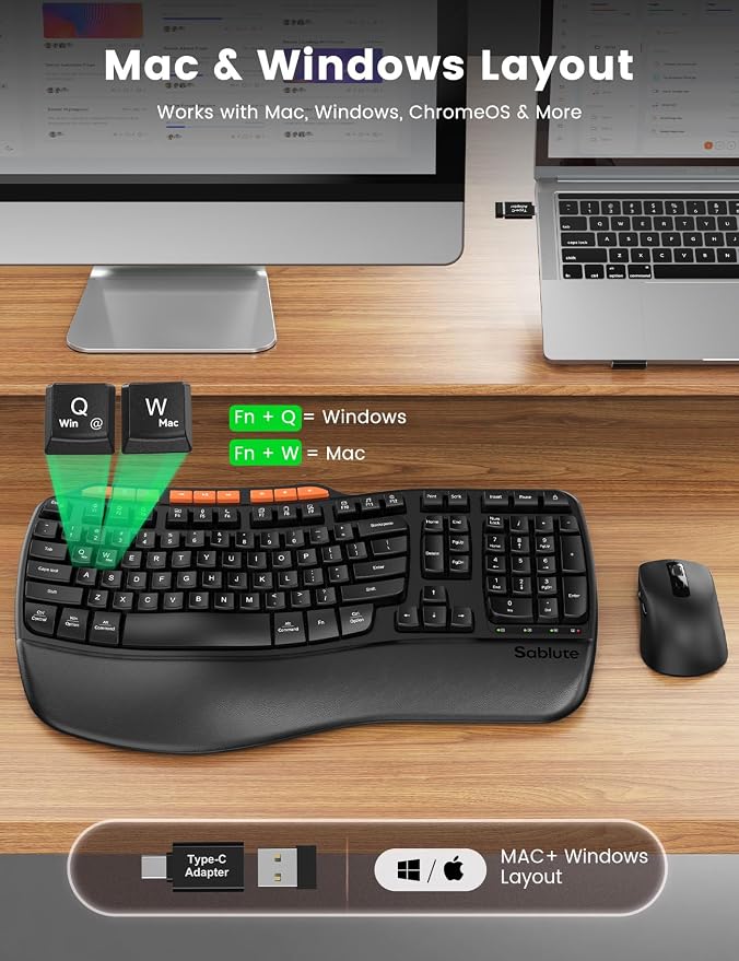Ergonomic Wireless Keyboard and Mouse Combo, 2.4G Full Size Wave Key Board with Cushioned Palm Rest, Natural Typing, 3 DPI Adjustable Mouse, USB-A & C for Computer/Laptop/Mac/Tablet - Sablute MA31 | Memory Foam Leather Wrist Rest, Stable 2.4GHz Wireles... - Image 5