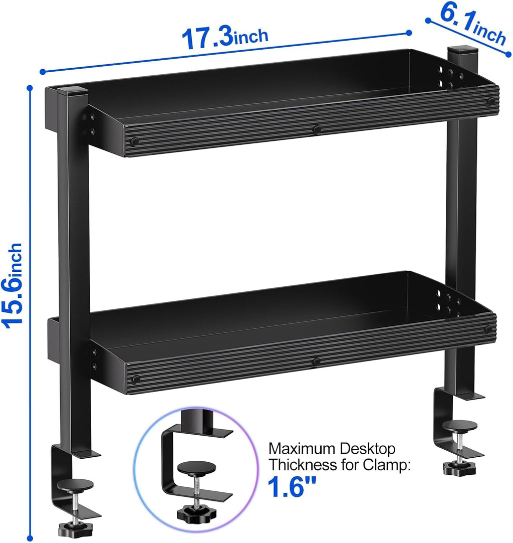 17 inch Adjustable 2-Tier Clamp On Desk Shelf with Hooks - Image 2
