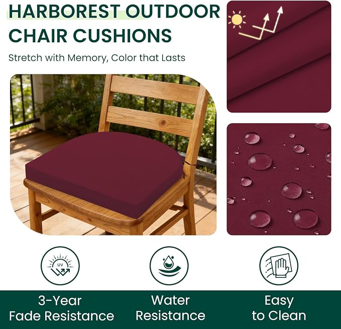 HARBOREST Outdoor Chair Cushions Set of 2, Water Resistant Patio Chair Cushions with Ties, Outdoor Seat Cushions for Patio Furniture, 17"x16"x2", Burgundy - Image 2