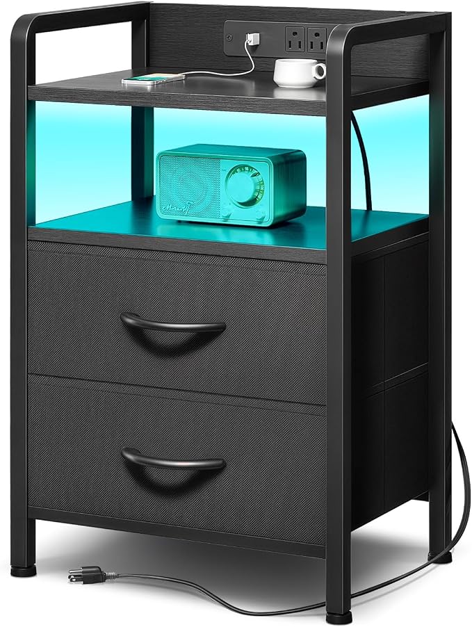 Lazzanto Nightstand with Rear Charging Station, LED Light, 2 Drawers, Black | Industrial Nightstand, 2 USB-A Ports & AC Outlets, Raised Back Guard, Fabric Storage Drawers, Bedside Table for Bedroom, Dorm by Lazzanto