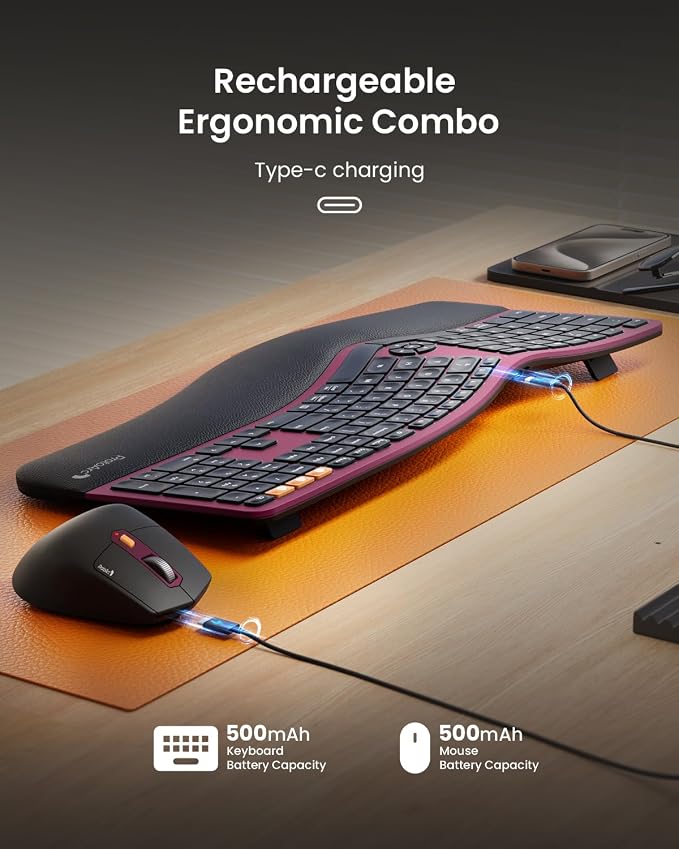 ProtoArc EKM01 Plus Wireless Ergonomic Keyboard Mouse Combo - Wine Red | Full-size Split Keyboard with Cushioned Wrist Rest, Ergonomic Mouse, 3-Device Bluetooth/2.4G, USB-C Rechargeable - Image 9