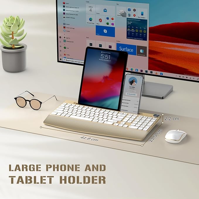 JOYACCESS Ergonomic Wireless Keyboard and Mouse Combo, Full-Sized Keyboard with Wrist Rest and Tablet Holder, Volume Roller for Computer PC Laptop-Gold&White - Image 5