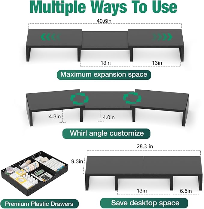 Dual Computer Monitor Stand Riser, Desk Organizer with Drawer, Office Desk Accessories & Workspace Organizers for Home Office Supplies, Black - Image 2