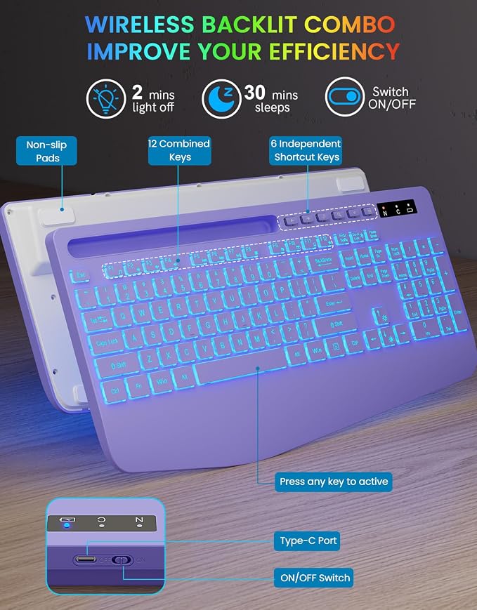 Wireless Keyboard, 7 Colored Backlits, Wrist Rest, Phone Holder-Purple | Rechargeable Ergonomic Computer Keyboard with Silent Keys, Full Size Lighted Keyboard for Windows, Mac, PC, Laptop - Image 8
