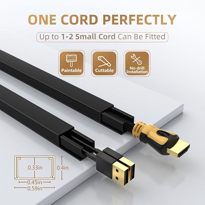 Delamu Black Cord Hider, 85in Cord Covers for Wires on Wall, One-Cord Cable Hider, Wire Hiders Wire Covers for TV Cords on Wall, Easy Mount Cable Cover Management Kit, 6X L14.2 W0.59 H0.4in, Black - Image 2