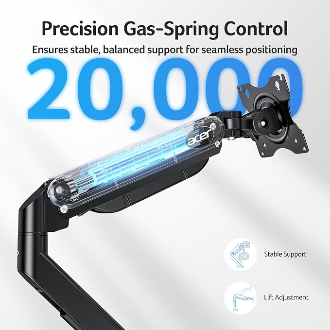 Acer Dual Monitor Arm, Gas Spring VESA Mount Stand for 17-32" Screens | Computer Desk Arm Fully Adjustable VESA 75x75/100x100 with C-Clamp & Grommet Mounting Base, Each Arm Holds 4.4 to 19.8 lbs - Image 6