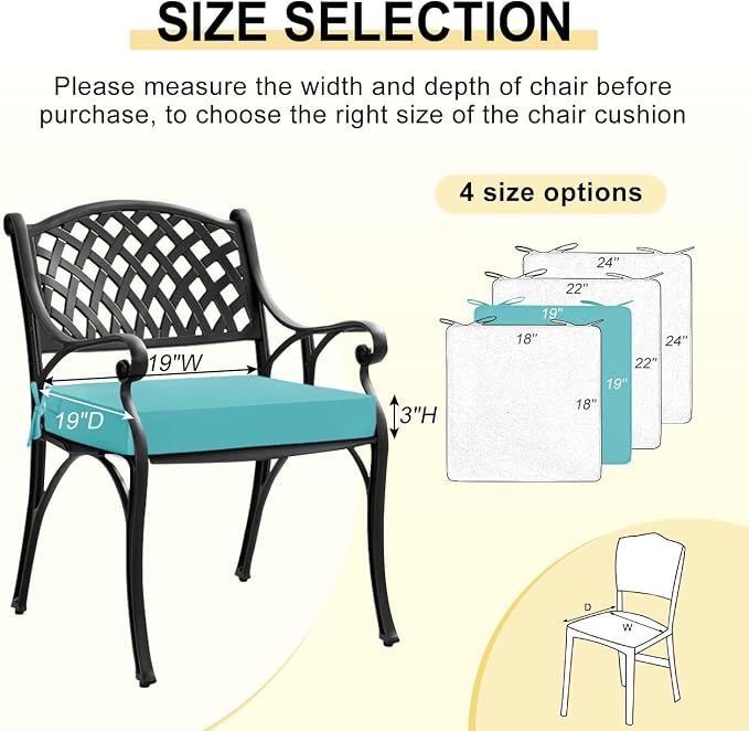 downluxe Waterproof Outdoor Chair Cushions Set of 2, 19" x 19" x 3" Patio Chair Cushion with Non-Slip Ties & Handle, Square Outdoor Cushion for Patio Furniture with Removable Cover, Teal - Image 6