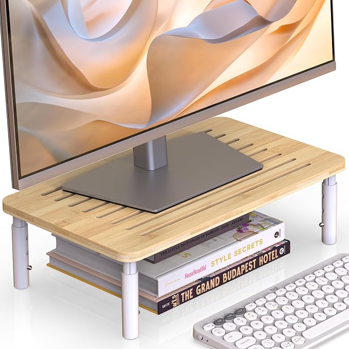 Bamboo Monitor Stand Riser, 4 Adjustable Height,Easy Assembly | Laptop Stand with Airflow Vents, Desk Organizer for Computer, PC, Printer by WELLWENG