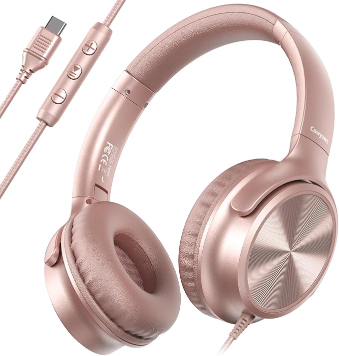 Cowyawn USB C Headphones Wired, Over Ear USB C Wired Headphones with Microphone, Volume Control, HD Stereo Sound, Foldable USB Type C Headphone for Adult/Teens/Laptop/Computer/iPhone 15/16/17, Rose by CowyawnHeadphones