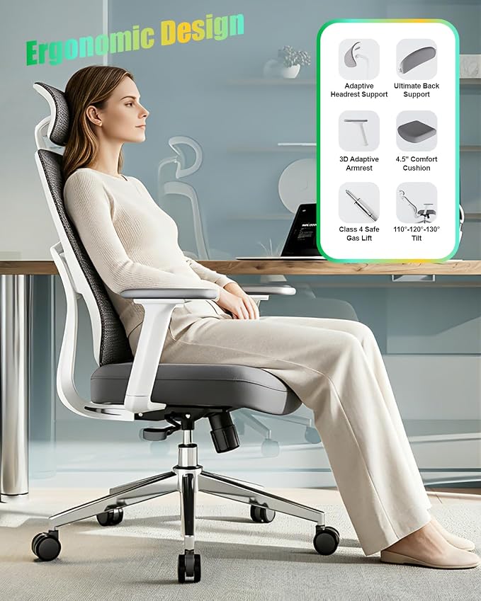 Ergonomic Office Chair, High Back Mesh Chair with Lumbar Support, Ultimate Back Support Office Desk Chair, Comfortable Computer Chair & Gaming Chair for Office & Home, White - Image 3
