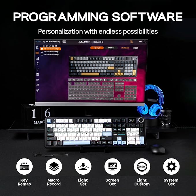 EPOMAKER X Aula F108 PRO Wireless Gaming Keyboard with Screen, 8000mAh Battery, 104 Hot-Swappable and Programmable Keys and Knob, RGB Backlight, for Mac/PC/Android (Blue&White&Black) - Image 7