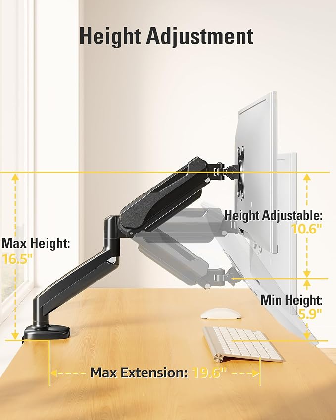 Single Monitor Mount, Gas Spring Monitor Arm for 17-32 Inch Computer Screens, Adjustable Monitors Stand for Desk, 75x75/100x100mm VESA Mount, with Clamp and Grommet Base, Holds 4.4-17.6lbs - Image 5
