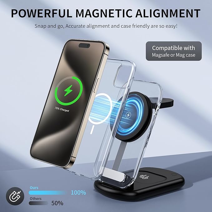 2026 Traveling Wireless Mag-Safe Fast Charging Station | Magnetic 3 in 1 Charger with Light for iPhone 17 16 15 14 13 12 Pro Max Plus,Apple Watch & Air pods 4 3 2 Pro(Black) - Image 6