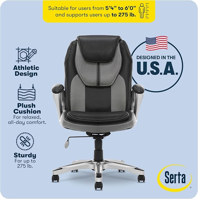 Serta Ergonomic Executive Office Chair, Padded Arms Mesh Back Leather Chair | Amplify, Contoured Lumbar Lower Back Support, Back Pain Relief, Adjustable Height & Recline, Work From Home Desk Chair, Gray - Image 4