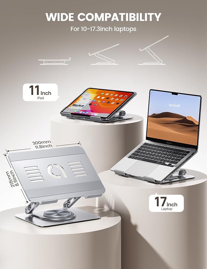 Lamicall Adjustable Laptop Stand for Desk 360° Rotating Base for 10-17.3'' | Aluminum Laptop Riser, Ergonomic Computer Stand Foldable Protable fits MacBook Neo Air Pro Dell HP Lenovo Office Home Sliver - Image 2