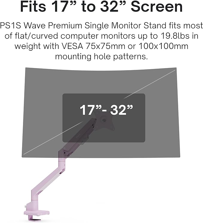 Pixio PS1S Wave Pink Single Monitor Arm Stand Desk Mount - Fits up to 32 inches Monitors and up to 19.8lbs. VESA Compatibility and Integrated Cable Management - Image 2