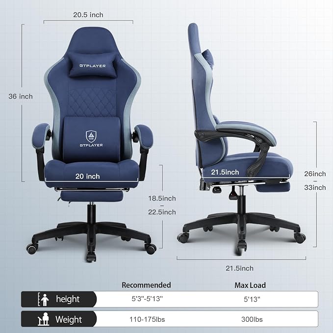 GTPLAYER Gaming Chair, Computer Office Chair with Pocket Spring Cushion, Linkage Armrests and Footrest, High Back Ergonomic Computer Chair with Lumbar Support Task Chair with Footrest(Blue) - Image 3