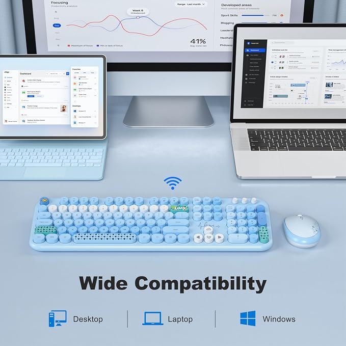 MOFII Wireless Keyboard and Mouse Combo, Cute Retro Typewriter Keyboard and Silent Mouse, 2.4GHz Full Size Computer Keyboard Wireless Mouse Set for PC, Laptop, Desktop, Windows (Blue Colorful) - Image 5