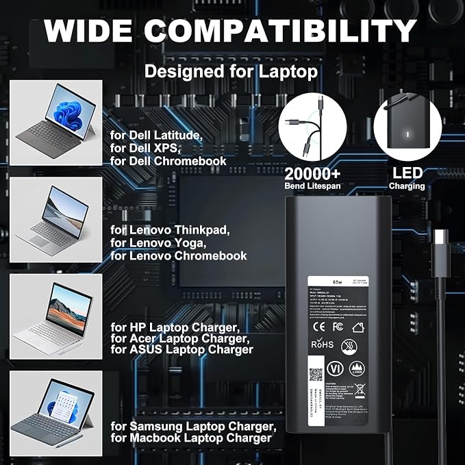 65W Type C USB C Laptop Charger Compatible with Dell Latitude Computer | 5530 5420 5430 5520 5540 7430 7420 7440 7340 7530 7330 7320,Inspiron 14 7425 16 7620 XPS Chromebook 3100 Power Adapter Cord - Image 6