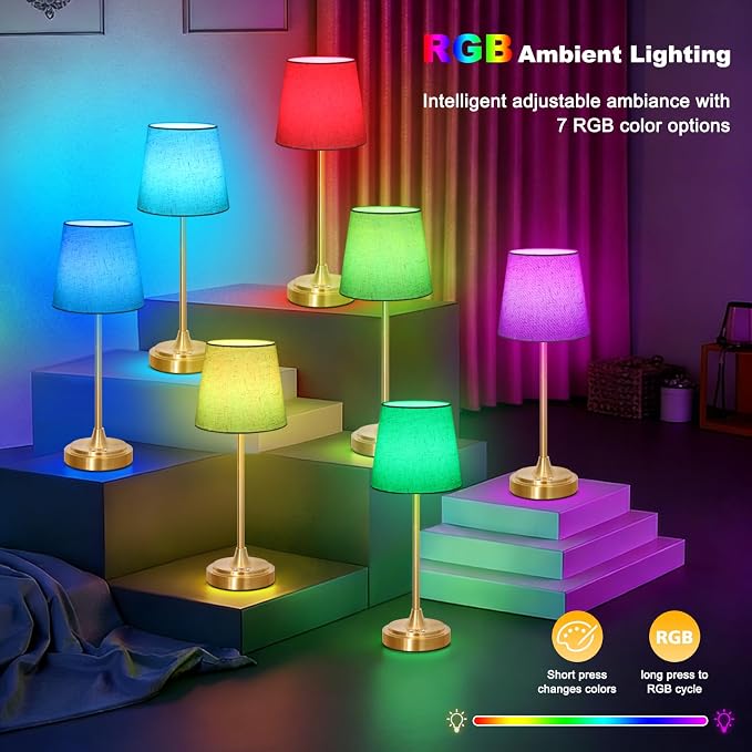 Wowag Cordless Table Lamp Rechargeable,5000mAh Battery Operated Desk Lamp,3 Colors & 7 RGB Stepless Dimmable,Touch Control Ambient Light for Bedside,Bedroom,Dining Room,Living Room,Gold,FlaxenShade - Image 3