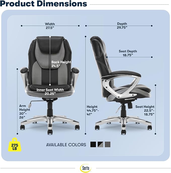 Serta Ergonomic Executive Office Chair, Padded Arms Mesh Back Leather Chair | Amplify, Contoured Lumbar Lower Back Support, Back Pain Relief, Adjustable Height & Recline, Work From Home Desk Chair, Gray - Image 3