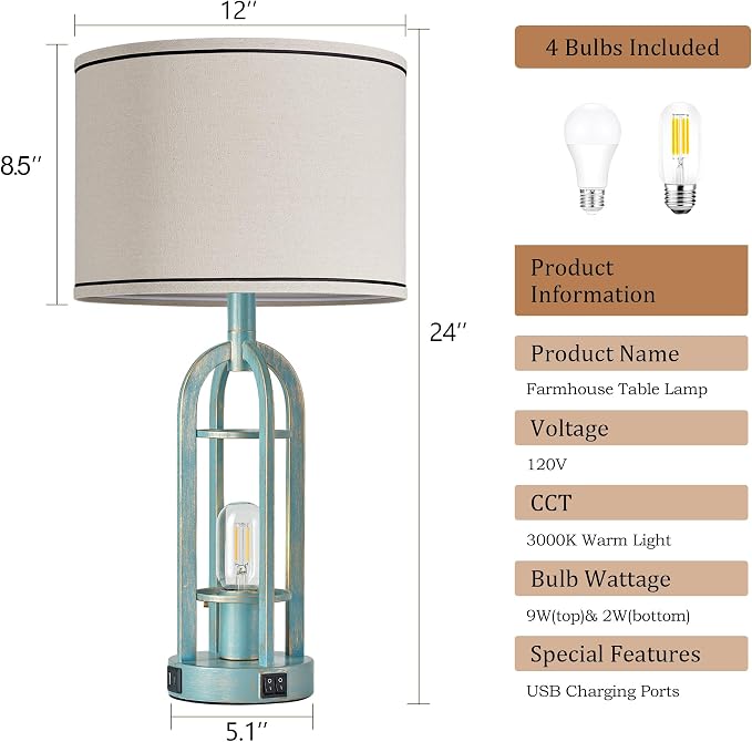 SRJJA Table Lamps for Living Room Set of 2 - Modern Farmhouse Lamps for Night Stands with Night Light & USB A+C, 24" Vintage Bedside Lamp for Bedroom, Bulbs Included - Image 6