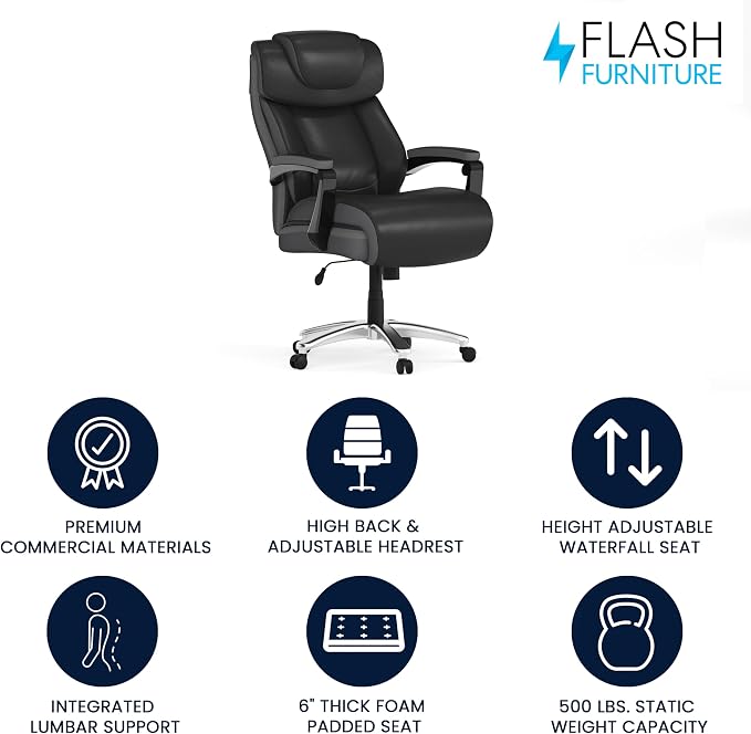 Flash Furniture Hercules Series High-Back Swivel LeatherSoft Office Chair, Ergonomic Executive Chair with Headrest and Adjustable Height, Black | 500 LB Capacity, Padded Armrests, 360° Swivel, Height Adjustable, Commercial Grade - Image 4