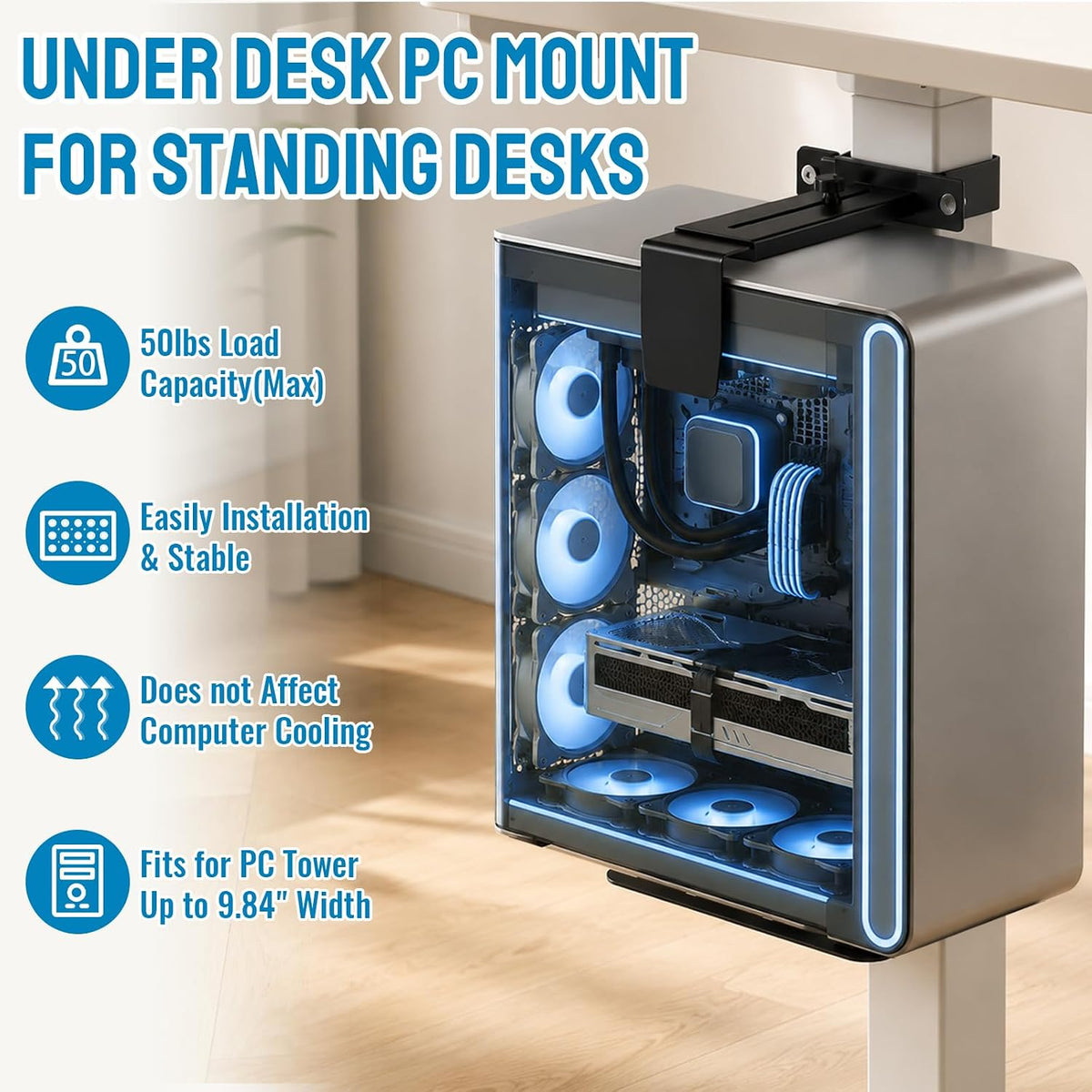 Under Desk PC Mount, Clamp-on Computer Tower Case Holder, 50Lbs Loads - Image 3