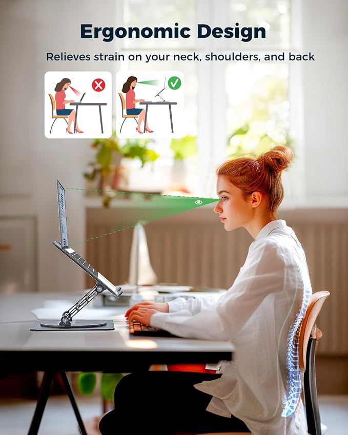Aoviho 360° Rotating Laptop Stand for Desk | Adjustable, Foldable, Portable Aluminum Ergonomic Riser | Compatible with MacBook, Dell, HP & All Laptops 10-16 inch | Gray - Image 3