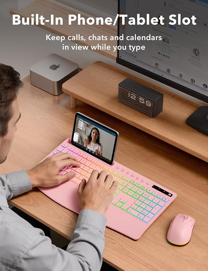 Trueque Wireless Keyboard and Mouse Combo, 4000mAh Battery, Wrist Rest | Rechargeable, 15 Backlit Effects, Full Size, Phone Holder, Quiet Typing, 2.4GHz Wireless, USB-A & C Connectivity for Windows - Image 7