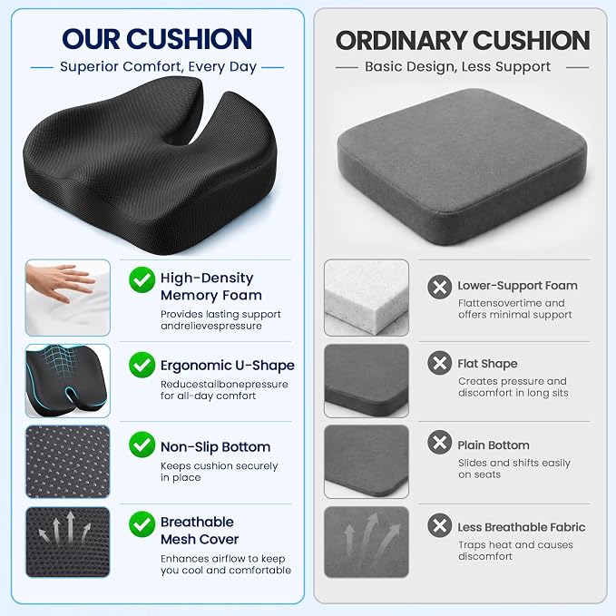 CJACSOC Seat Cushion, Extra Large Memory Foam Cushion for Office Chair Cushions, Ergonomic Cushions Pad Pillow for Pressure Relief Sciatica & Pain Relief for Long Sitting - Image 7