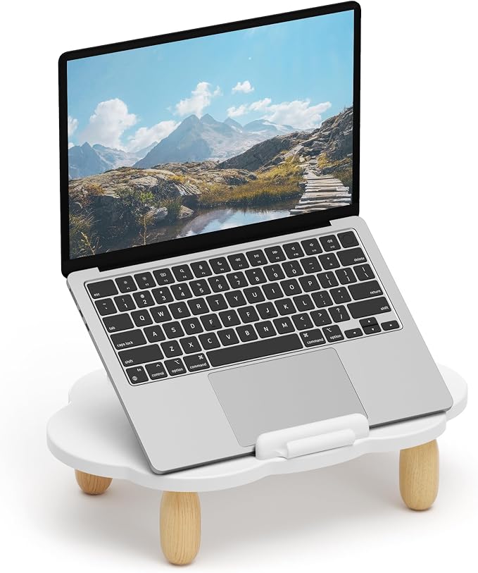 AFOOYO Adjustable Wood Laptop Stand, Ergonomic Height Angles Computer Stand, Cloud-Shaped Holder Riser Notebook Stand for Desk Compatible with Air, Pro, Dell, HP, Lenovo More 10-17.3" Laptops, White by AFOOYO