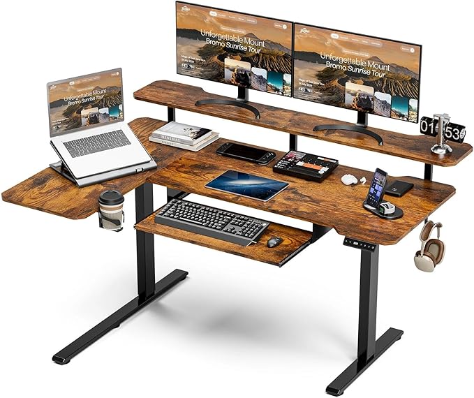 59 Inch L Shaped Standing Desk with Shelves and Keyboard, Electric Corner Standing Desk Adjustable Height, Sit Stand Computer Table with Reversiable Splice Board，Rustic Brown by Acrolix