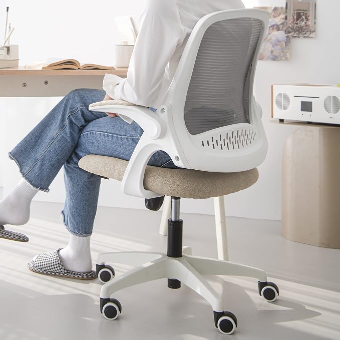 NEO CHAIR Office Desk Chair, Ergonomic Mesh with Flip-Up Armrests, Beige | Lumbar Support, Height Adjustment, 360° Swivel and Rolling Base, Space-Saving Design for Home Office, Vanity or Study - Image 9