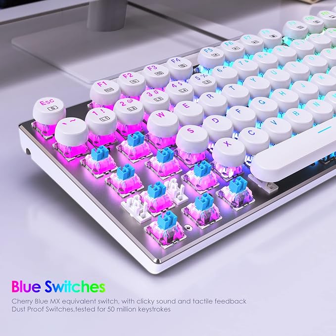 HUO JI E-Yooso Z-88 Wired Typewriter Style Mechanical Keyboard, White | Programmable RGB Backlit, Clicky Blue Switches, Detachable USB-C Cable, Metal Panel, 104 Double-Shot Keycaps for PC Gaming - Image 5