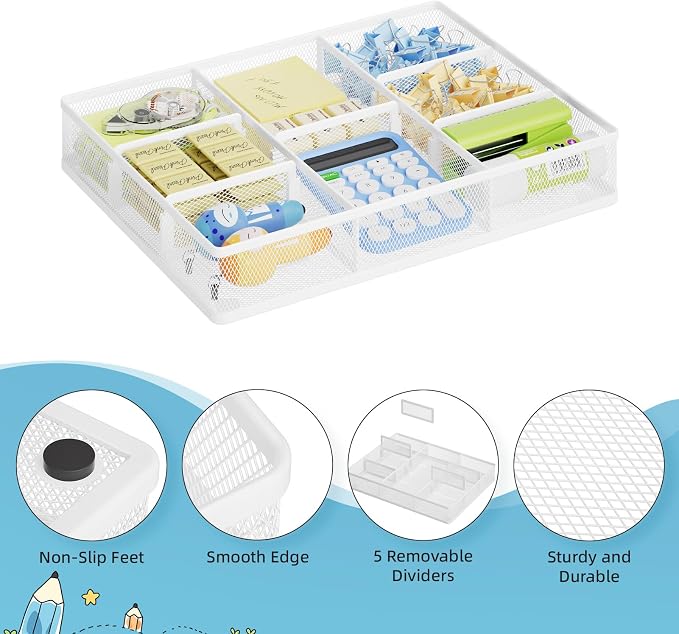 Marbrasse 2P Desk Drawer Organizer, Metal Mesh Drawer Organizer Tray with 5 Adjustable Compartments,Desk Organizers and Accessories for Home,Office,Kitchen,Makeup,Vanity (White) - Image 5