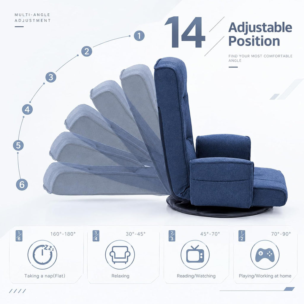 360° Swivel Floor Chair, Adjustable Reclining Floor Gaming Chair with Armrests, Linen Fabric Folding Lazy Sofa Chair, Multi-Position Floor Prayer Chair for Meditation Reading Napping, Blue - Image 6