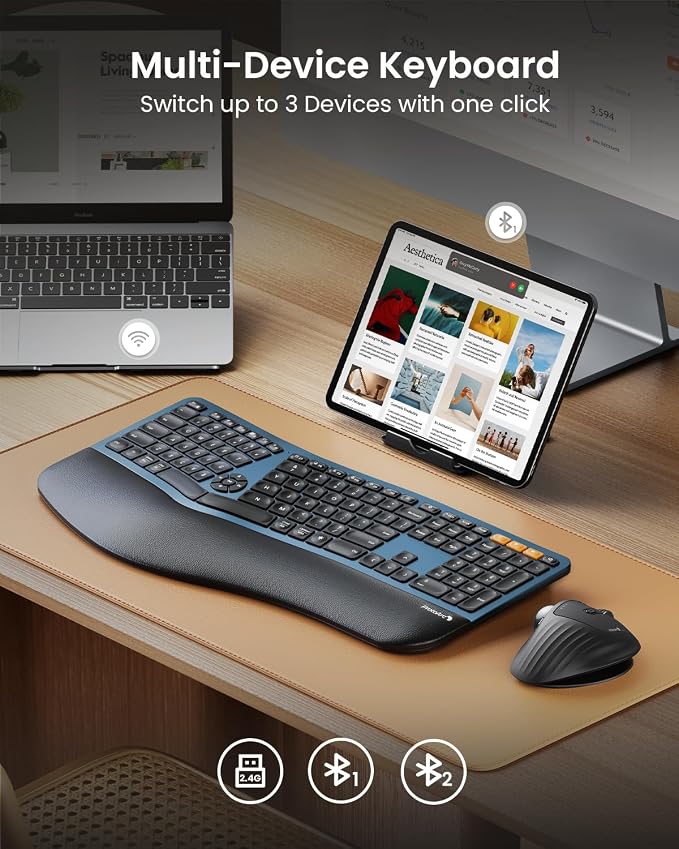 ProtoArc EK01 Plus Backlit Bluetooth Ergonomic Keyboard, Full Size, Blue | Adjustable brightness, split design, cushioned wrist rest, connect 3 devices via Bluetooth/2.4G, 2000mAh USB-C rechargeable. - Image 4