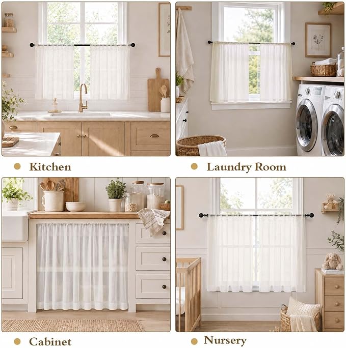 Ivory Short Sheer Cafe Kitchen Curtains 36 Inch Length 2 Panels Set | Half Curtains for Living Room Bedroom Basement Bathroom Small window, Sheer curtain over sink, Rod Pocket, Each 42"W x 36"L - Image 8