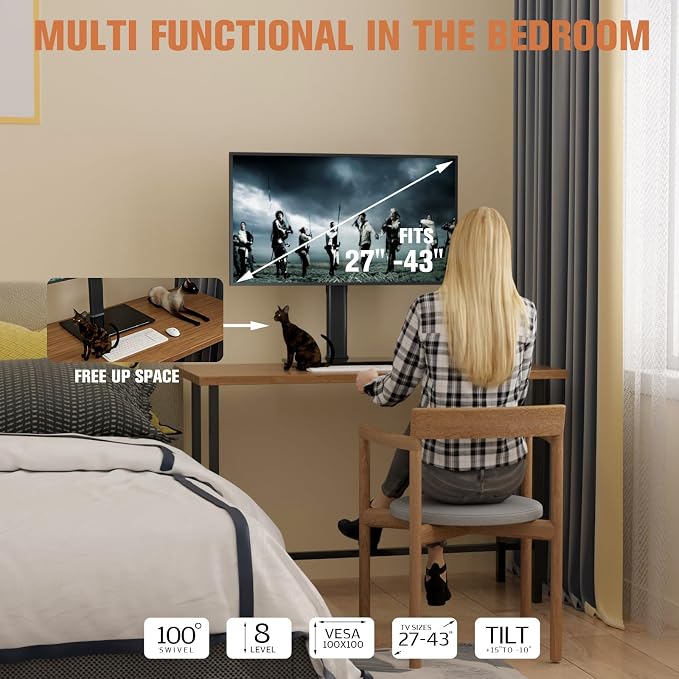 Single Monitor Stand Freestanding 27-43 Inch Monitor Arm Curved Screen Monitor Mount Tempered Glass Base Adjustable Motion Tilt -15° to 10° Swivel ±45° Rotation 360° Weight Capacity 77lbs HT05B-003 - Image 7