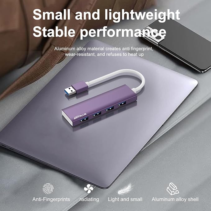 USB Hub, USB 3.0 Hub Aluminum Alloy Ultra Slim USB Splitter, Portable 4 Port USB Extender, USB Hub for Laptop, PC, MacBook, iMac, Surface Pro, Mac Pro, Flash Drive, XPS 【Purple】 - Image 6