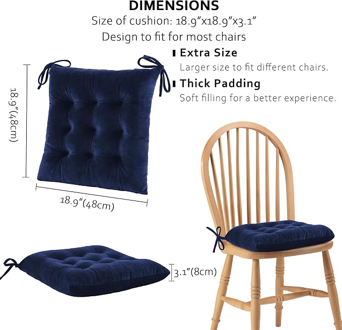 ELFJOY Set of 4 Square Chair Pads Indoor Seat Cushions Pillows with Ties Thick Soft Seat Cushion for Kitchen Dining Office Chair (18.8", Navy) - Image 2