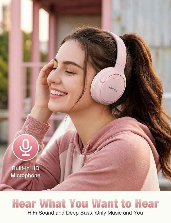 RUNOLIM Hybrid Active Noise Cancelling Headphones, Wireless Over Ear Bluetooth Headphones with Microphone, 100H Playtime, Foldable Headphone with HiFi Audio, Deep Bass for Home Travel Office（Pink） - Image 7